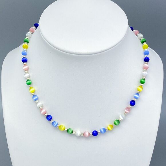 New Sterling Silver 925 Multicolor Synthetic Cat's Eye Beaded Necklace 15.25-17" - Picture 1 of 4
